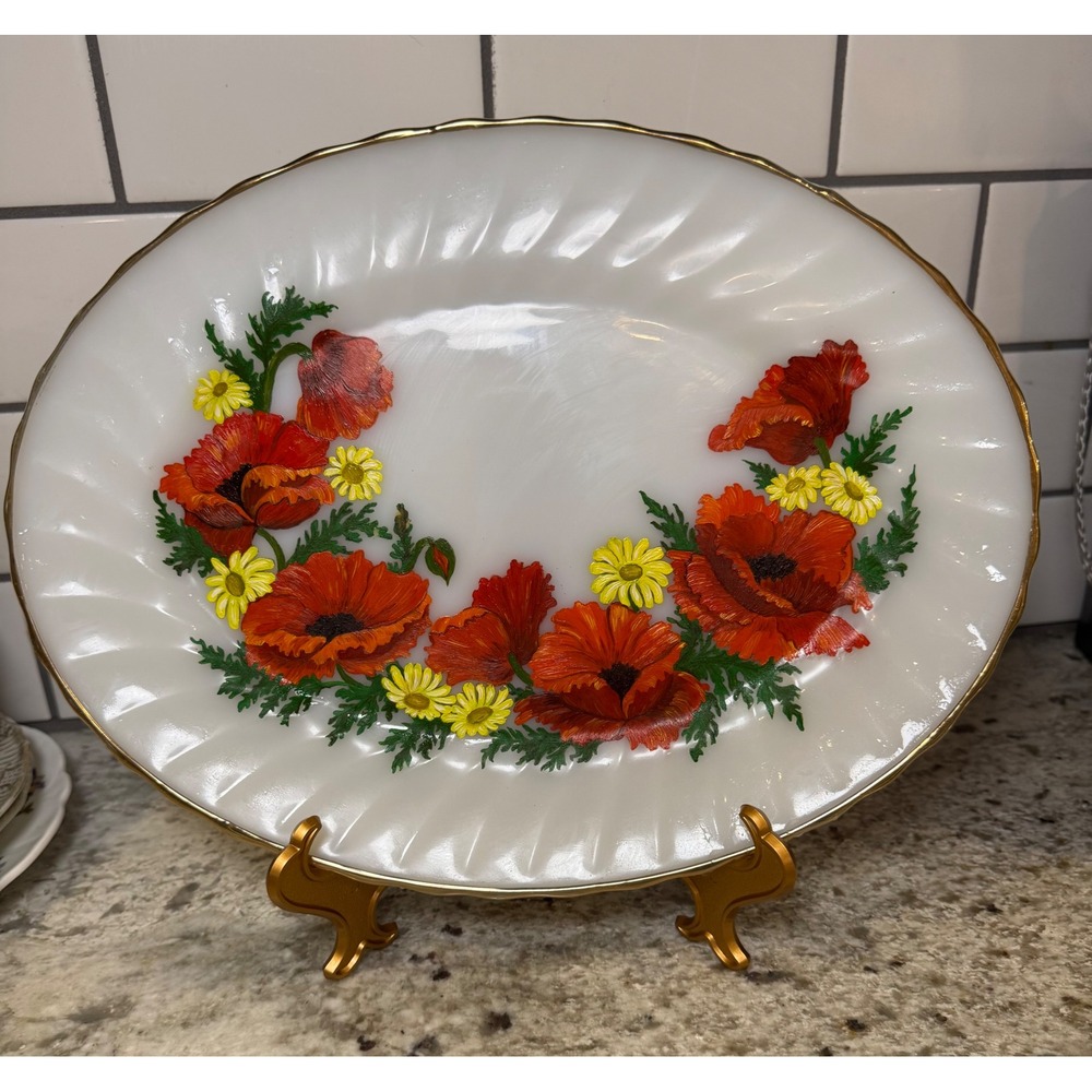Vintage Fire-King Milk Glass Red Poppy Floral Oval Platter Gold Trim 10 Inch